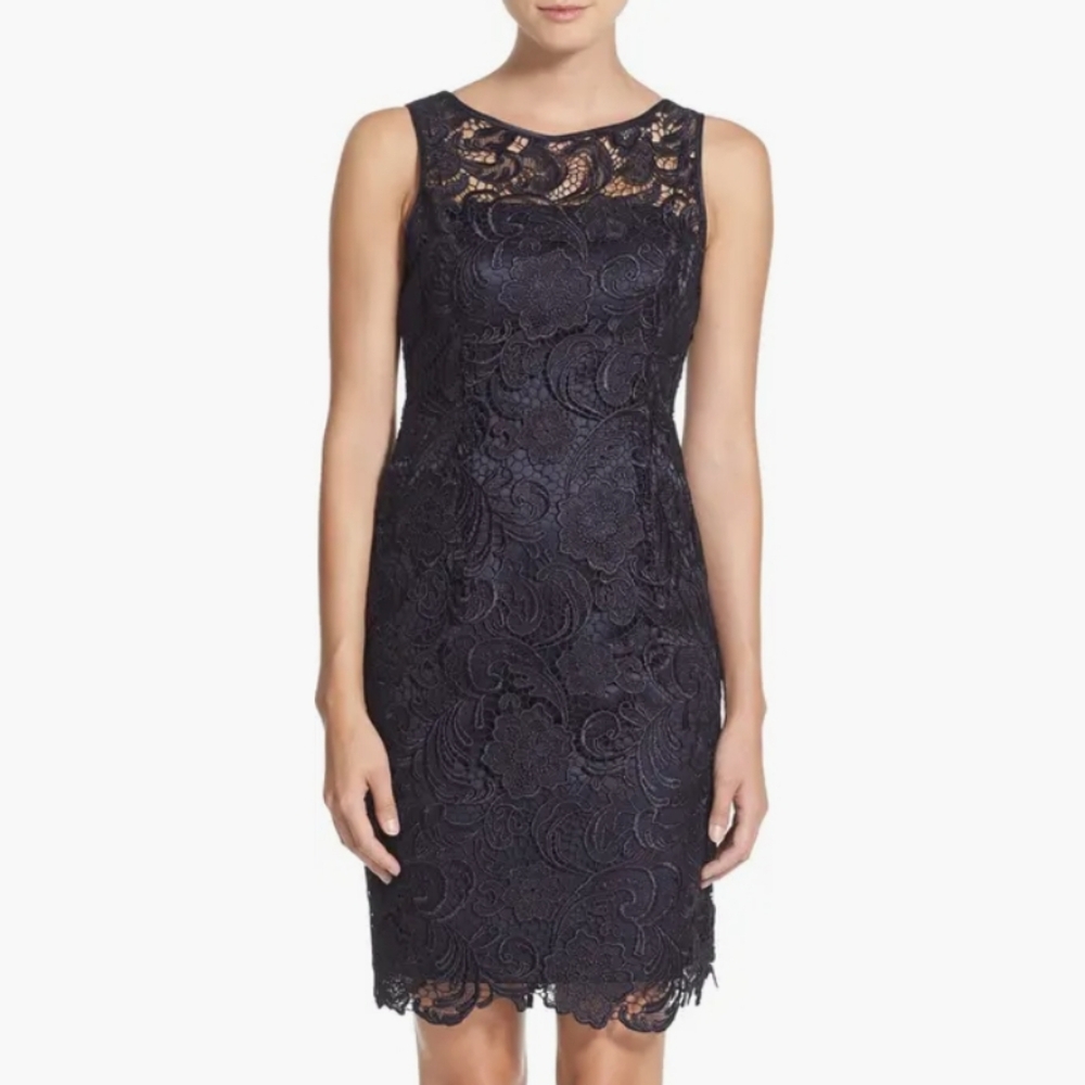 Adrianna Papell Evening Navy Illusion Bodice Lace Sheath Dress Size 10